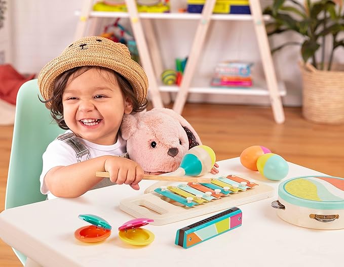 B. toys – Make a Melody – 9 Pieces Wooden Musical Instruments – Xylophone, Tambourine, Harmonica – Drawstring Storage Bag – 2+ Years