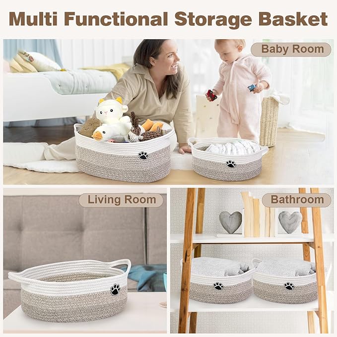 Optish Dog Toy Easter Basket, Toy Box and Bin for Dog Cat Storage, 13.5" X 11" X 5" Small Woven Rope Basket for Baby Storage, Closet, Living Room, White & Brown