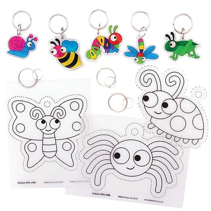 Baker Ross AT609 Bug Super Shrink Keyring Kits - Pack of 8, Make Your Own Key Rings for Kids to Color In, Make and Display, White