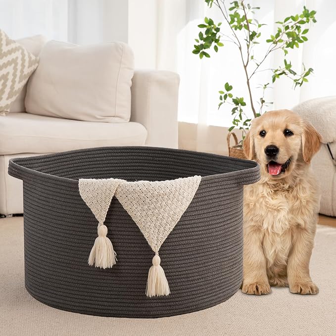 OIAHOMY 105L Blanket Basket for Living Room, Large Basket 23.6" x 23.6" x 14.6" with Handle, Laundry Hamper for Blankets, Pillows, Toy Storage for Kids, Dogs - Grey