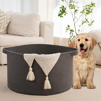 OIAHOMY 105L Blanket Basket for Living Room, Large Basket 23.6" x 23.6" x 14.6" with Handle, Laundry Hamper for Blankets, Pillows, Toy Storage for Kids, Dogs - Grey