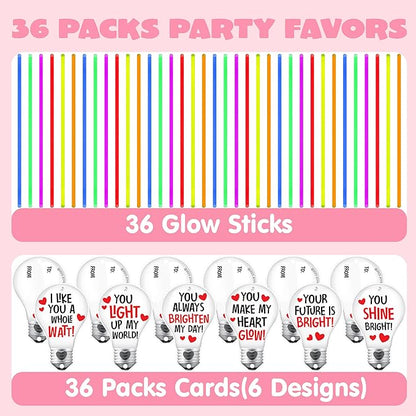 JOYIN 36 Packs Neon Valentines Day Gift Bulb Cards with Glow Sticks, Glow Necklaces for Valentine's Party Favor, Valentine Classroom Exchange Cards, Valentine School Prize