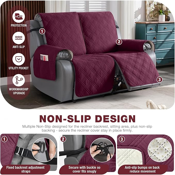 TAOCOCO 100% Waterproof Loveseat Recliner Cover, Non Slip Split Loveseat Covers for Reclining Loveseat with Elastic Straps, Washable Recliner Chair/Furniture Protector for Pets(2 Seater, Wine)