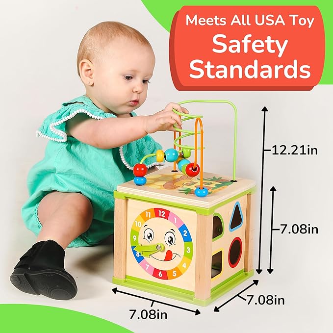 TOYVENTIVE Wooden Activity Cube, Montessori Toys, Multipurpose Educational Sensory Toy for 1-2 Year Old Baby, Toddler, Kid, Boy | Birthday Gift | Bonus First Words Book