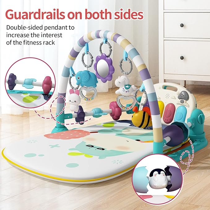 Jovow Baby Gym with Musical Piano,Baby Play Mat Tummy Time Baby Activity Gym Mat with 5 Infant Learning Sensory for Baby, Music and Lights Boy or Girl for Newborn (Green)