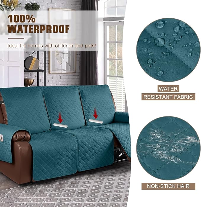KinCam Waterproof Recliner Sofa Cover, Non-Slip Reclining Couch Covers for 3 Seat, Recliner Couch Cover Furniture Protector with Elastic Straps for Pets, Kids, Peacock Blue
