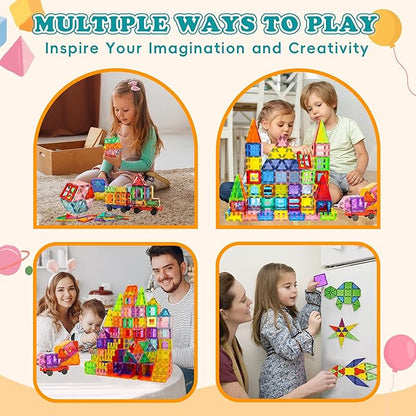 Magnetic Tiles, 136 PCS Magnetic Building Blocks with 2 Cars, Magnet Tiles Construction Building Toys, STEM Sensory Toys Easter Birthday Gifts for Toddlers Kids Boys 3 4 5 6 7 8 9+ Year Old