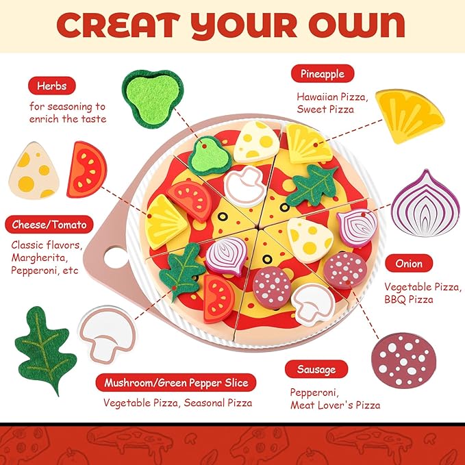 GAGAKU Wooden Pizza Toys for Kids 27Pcs Wood Cooking Toys Cutting Play Food Set for Toddlers Pretend Play Kitchen Accessories Toys for Toddlers Aged 3-8, for Boys and Girls