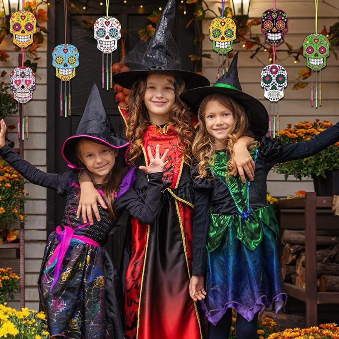 Fennoral 9 Pack Skull Wind Chime Kit for Kids Make You Own Day of The Dead Wind Chime Hanging Ornaments DIY Coloring Wooden Halloween Crafts for Boys Girls Halloween Party Decoration