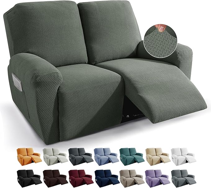JIVINER 6-Piece Loveseat Recliner Slipcover Stretch Jacquard Recliner Sofa Cover 2 Seater Washable Reclining Couch Cover with Pocket Fitted Furniture Protector Cover (Loveseat Recliner, Army Green)