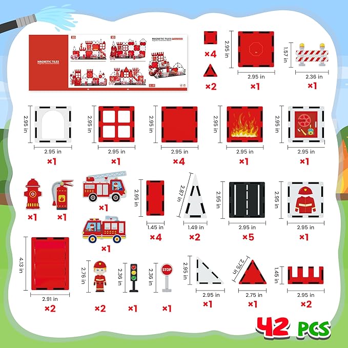 cossy Magnetic Tiles Firefighter Set, Magnet Tiles with Firefighter, Magnetic Tiles for Kids Ages 4-8, STEM Toys, Toys for 3 4 5 6 7 8 Year Old Boy and Girl, Creative Building Toys, Firefighter