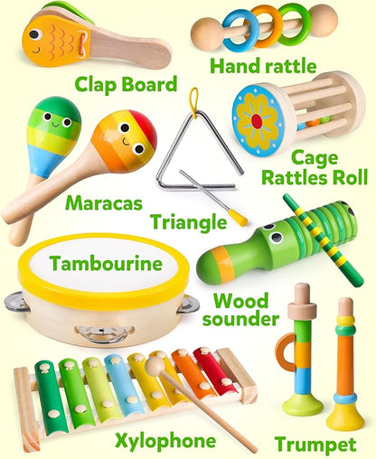 Coogam Wooden Musical Instruments for Toddlers, Tambourine Xylophone Castanet Flute Maracas Playset, Wood Percussion Rhythm Music Toy, Montessori Educational Learning Gift