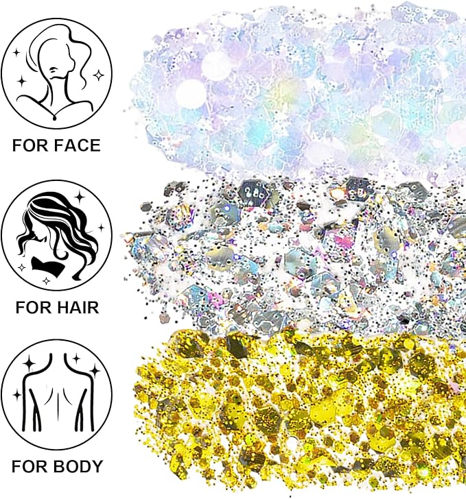 Hair Face Body Glitter Set for Women, White Silver Gold Holographic Mermaid Sequins Chunky Glitter Makeup for Music Festival Rave Accessories, Running, Wedding, Prom, Carnivals