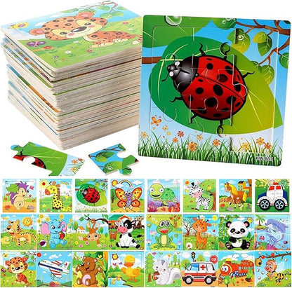 Yopay 24 Pack Wooden Puzzles for Kids,Mini Jigsaw Animal Puzzles Set for Kids Boys Girls, Early Preschool Educational Toys, 20 Animal Patterns + 4 Transportations