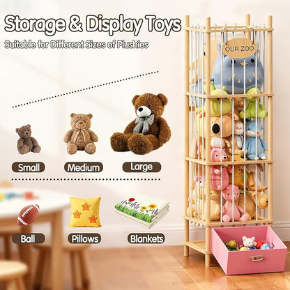 Brelley Stuffed Animal Storage Zoo Wood Toy Storage Organizer with Drawer, Large Toy Chest Stuffed animal holder for Kids Nursery Playroom Bedroom