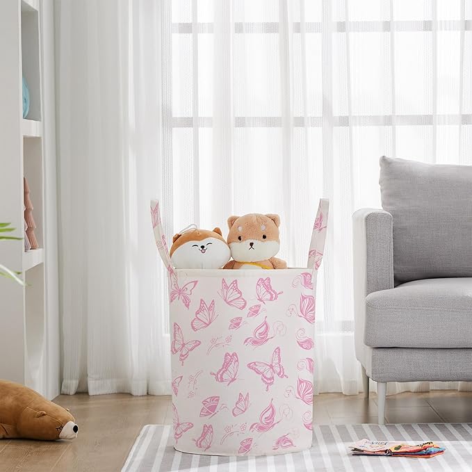 TECHMILLY Large Storage Basket for Girls and Boys, Collapsible Laundry Hamper with Long Handles, Toy Bins for Nursery, Kids Room Décor (Pink Butterfly)
