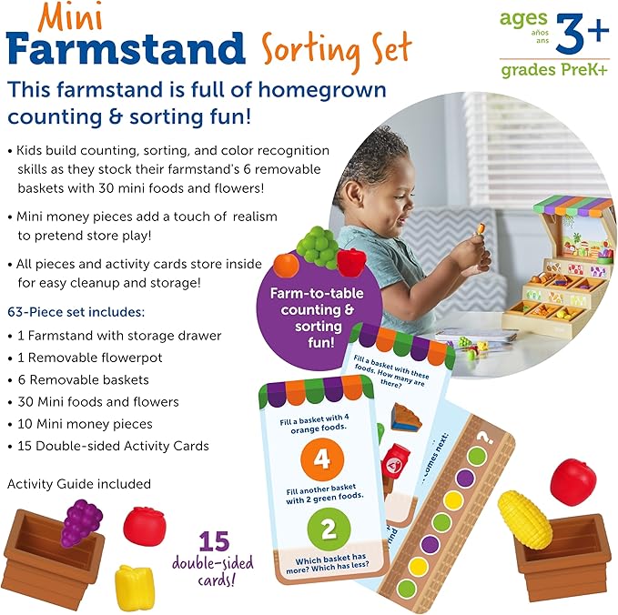 Learning Resources Mini Farmstand Sorting Set, Play Food, Play Kitchen, Sorting Toy, Kitchen Playset, Ages 3+