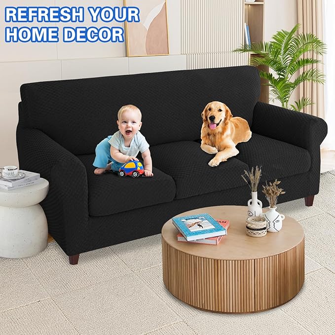 MAXIJIN 4 Piece Couch Covers for 3 Cushion Couch Super Stretch Non Slip Couch Cover for Dogs Pet Friendly Elastic Jacquard Furniture Protector Sofa Slipcovers (Sofa, Black)