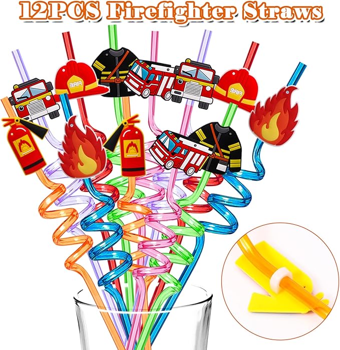 98 Firefighter Party Favors Fire Truck Birthday Supplies Straw Bubble Slap Bracelet Keychain Sticker Kid Boy Toy Accessories Fireman Party Decorations Gift Prize Goodie Bags Stuffers