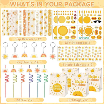 Erweicet Boho Sun Party Favors 72 PCS Sunshine Slap Bracelet Boho Rainbow Temporary Tattoos DIY Stickers Keychain Plastic Straws Gift Bags for Kids Sun Theme Birthday Party Baby Shower