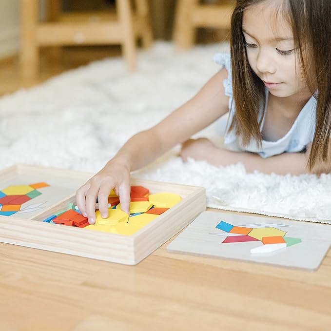 Melissa & Doug Pattern Blocks and Boards - Wooden Classic Toy With 120 Solid Wood Shapes and 5 Double-Sided Panels, Multi-colored - STEAM Animals, Tangrams Puzzle For Kids Ages 3+