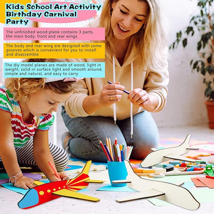 Feradny 24 Pack Unfinished Wooden Airplane Model Toys DIY Model Planes Wood Plane kit Handcraft Plane to Paint for Kids School Art Activity Birthday Carnival Party (Color Style 3)…