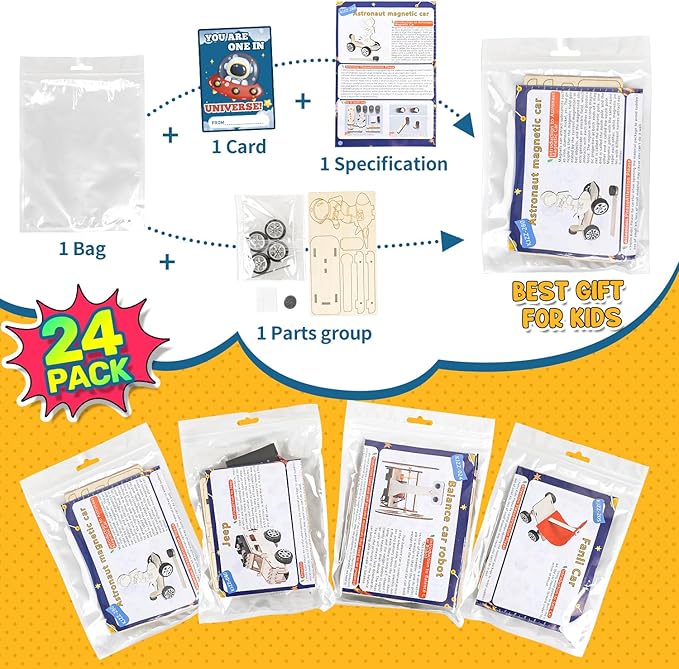 MOVINPE Valentines Day Gifts for Kids School Classroom - 24 Sets Stem Kits with Valentines Cards, Wood Craft Science Kit Valentine Exchange Gifts Space Theme Class Prizes Bulk for Boys Girls