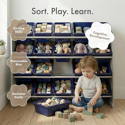 Humble Crew Supersized Toy Storage Organizer with 16 Removable Bins, Grey/Navy – Large Toy Storage for Toddlers Ideal for Kids' Rooms, Playrooms, and Nurseries - Modern Toy Bins for Kids