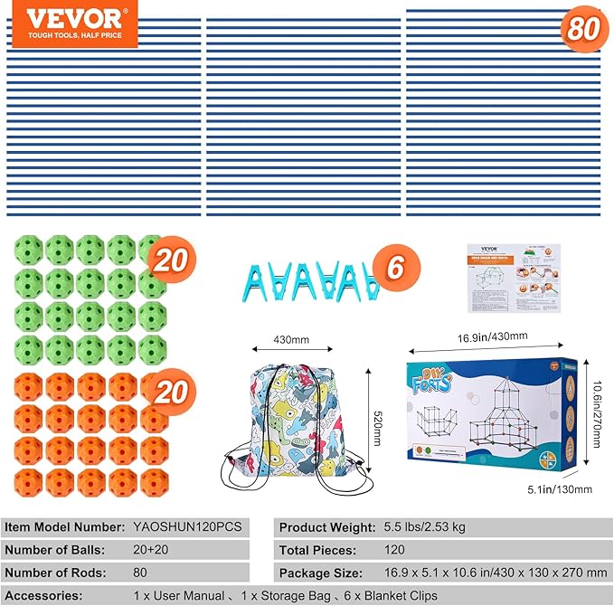 VEVOR Fort Building Kit for Kids, 120PCS STEM Building Toys, Educational Gift for 4 5 6 7 8+ Year Old Boys & Girls, Indoor Outdoor Play Tent Builder Set Construction Toys with 80 Rods and 40 Balls