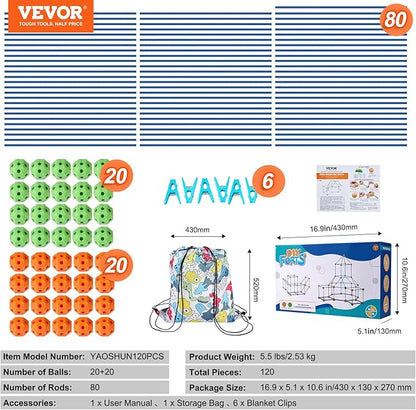 VEVOR Fort Building Kit for Kids, 120PCS STEM Building Toys, Educational Gift for 4 5 6 7 8+ Year Old Boys & Girls, Indoor Outdoor Play Tent Builder Set Construction Toys with 80 Rods and 40 Balls