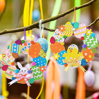 12 Sets Easter Wreath Signs Decorations DIY Foam Easter Craft Kits Easter Eggs Bunny Chick Foam Stickers Pom-Poms Googly Eyes for Kids Classroom Home Activity Art Project Gift Easter Front Door Décor