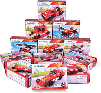 FUN LITTLE TOYS 12 Boxes Fire Rescue Vehicles Mini Building Blocks Party Favors for Kids 8-12, Car Building Kit, 3D Assembly Cars for Easter Eggs Empty, Kids Prizes in Bulk for School