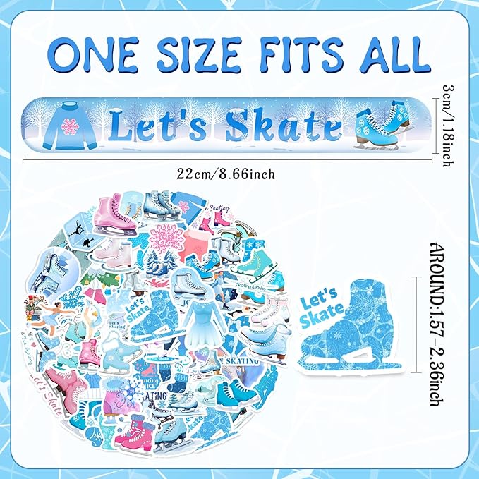 74 PCS Ice Skating Skate Party Favors, 24 PCS Ice Skating Slap Bracelets, 50 PCS Ice Skating Stickers Winter Ice Skating Birthday Party Decorations Supplies for Kids Boys Girls