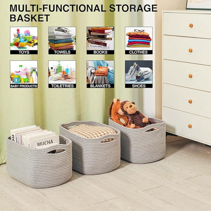 ICERZCZ Storage Baskets for Organizing Shelves, Woven Cotton Rope Bins for Baby Nursery Organization, Book Toy Towel Organizer, 15"x11"x9.5", 3 Packs, Grey