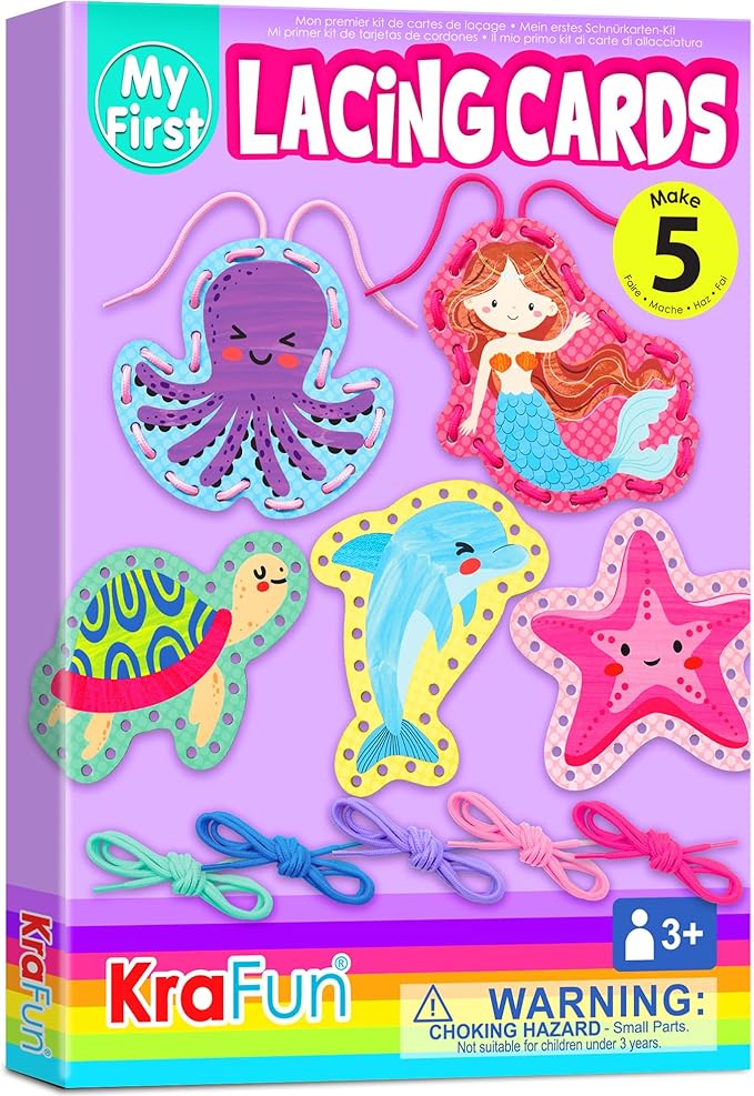 KRAFUN Beginner Mermaid Lacing Card Kit for Kids Arts & Crafts, 5 Easy Mermaid, Animal Lacing Projects, Lacing Cards for Toddlers, Fine Motor Preschool Skills Toys