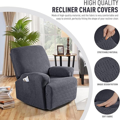 KinCam Recliner Covers, Stretch Reclining Chair Covers, Recliner Sofa Slipcovers Stripe Jacquard Recliner Couch Covers Furniture Protector Covers for Pet Kid (1 Seater, Charcoal Gray)