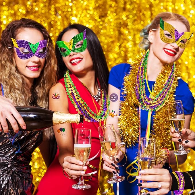 MGparty 216 PCS Mardi Gras Accessories - Masks Beads Necklaces Coins Tattoos Bracelets Carnival Parade Masquerade Party Decorations Supplies