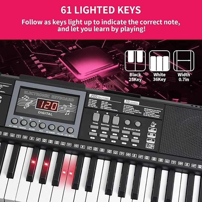 Kids Keyboard 61 Keys, Beginner Electronic Piano with One-Key Teaching 100 Tones & Rhythms, Portable Music Keyboard for Children with Microphone, Music Stand [Black, Piano with Stand]