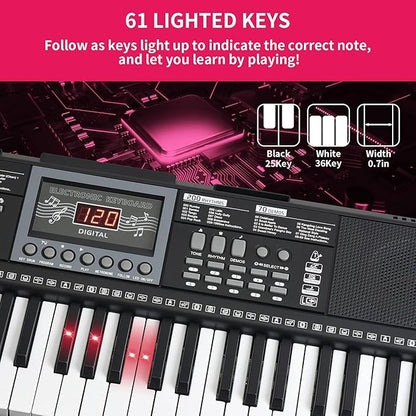 Kids Keyboard 61 Keys, Beginner Electronic Piano with One-Key Teaching 100 Tones & Rhythms, Portable Music Keyboard for Children with Microphone, Music Stand [Black, Piano with Stand]