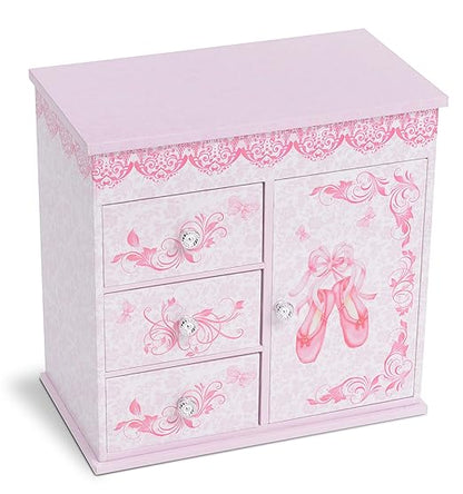 Jewelkeeper - Ballerina Jewelry Box for Girls with 3 Pullout Drawers - Ballerina Music Box with Swan Lake Tune - Ballet Slipper Design - Jewelry Storage Organizer for Necklaces and Bracelets