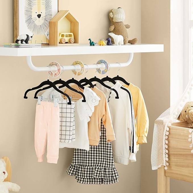SONGMICS Baby Hangers, 30 Packs Pants Hangers with Clips, Kids Hangers with 6 Clothes Dividers, Non-Slip Children’s Clothes Hangers, Pants Hangers, Black UCRF013B30