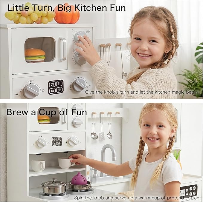 Wooden Play Kitchen for Toddlers and Kids with Lights & Sounds, Large Interactive Pretend Play Set with Ice Maker, Stove, Sink, Oven, 12 Accessories - Ages 3-8