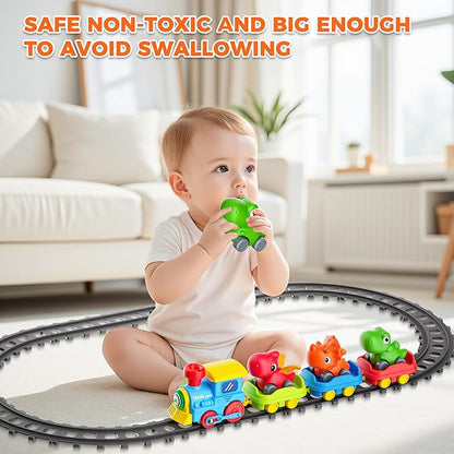 Train Set for Toddlers w/Steam, Music & Lights - Electric Train Toys for Kids w/Tracks Accessories, Including 3 Dinosaur Car and 3 Trailer, Christmas Birthday Gifts for 1-3 4 5 6+ Years Old Boys Girls