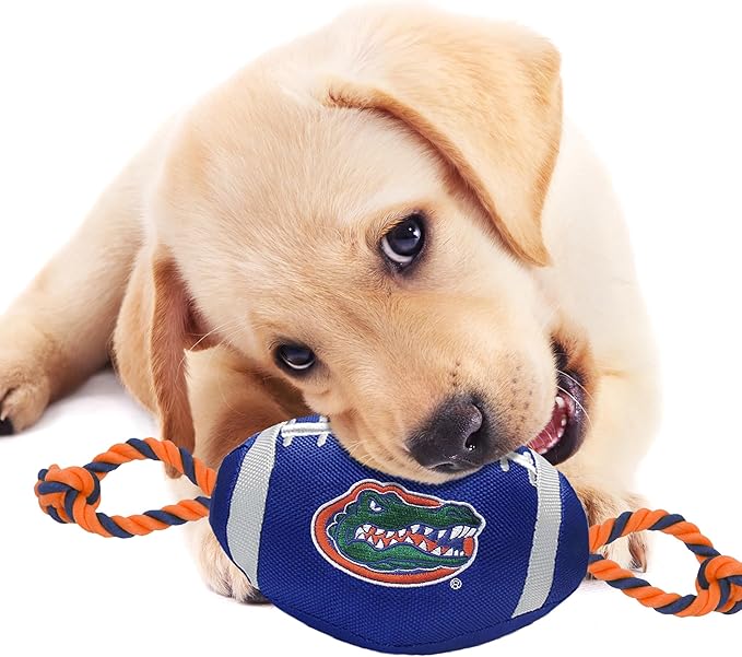 Pets First NCAA Florida Gators Football Dog Toy, Tough Quality Nylon Materials, Strong Pull Ropes, Inner Squeaker, Collegiate Team Color, 1 Count (Pack of 1)