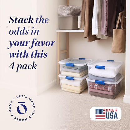 HOMZ 4-Pack 15.5 Quart Latching Lid, Clear Plastic Storage Organizer Bins, Blue – Stackable Containers for Home & Office Shelves, Kitchen, Garage, and Bathroom Organization