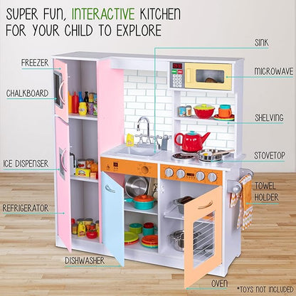 Lil' Jumbl Kids Kitchen Set, Pretend Wooden Play Kitchen, Battery Operated Icemaker & Microwave with Realistic Sound, Pots & Pan Included - Colorful