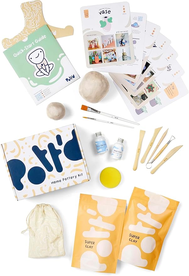 Pott'd Air Dry Clay for Adults. Beginners Home Pottery Kit for Adults. DIY Crafts Includes: Air-Dry Clay, Tools, Paints, Brushes, Sealant, Guides