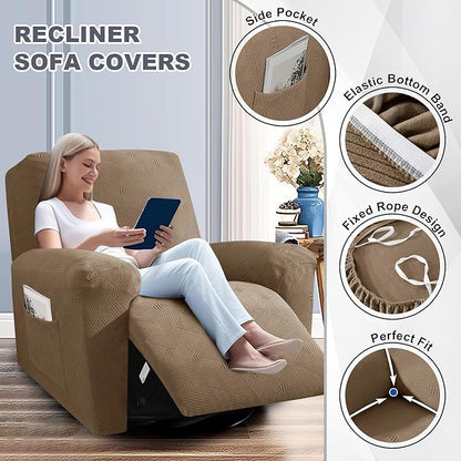 JIVINER Recliner Chair Covers, Jacquard 3 Piece Slipcovers for Recliner Chair Soft Stretch Lazy Boy 1 Seater Reclining Protector with Pockets (Recliner, Brown)