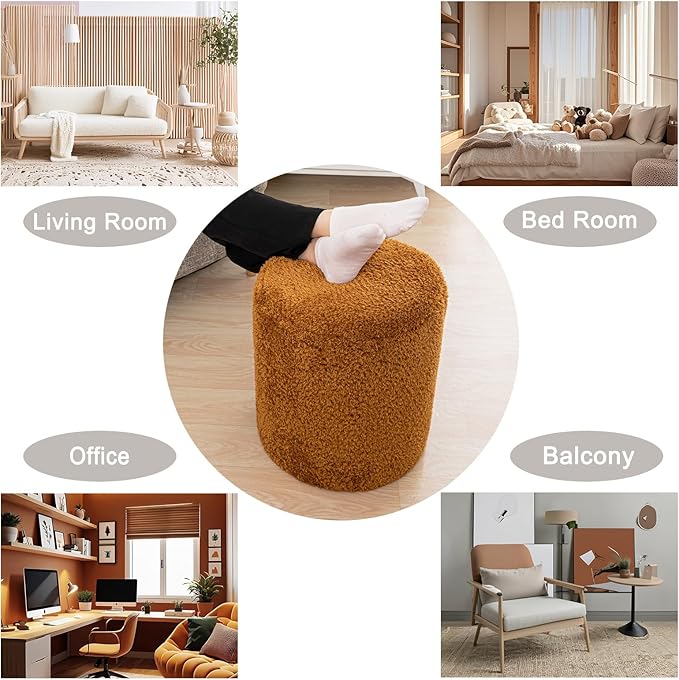 Round Ottoman Soft Chair 14.6x14.6x18 Inches Boucle Ottoman Multifunctional Vanity Chairs for Makeup Fluffy Fur Ottoman Stool Pouf Footrest Stool for Living Room Bedroom (Coffee)