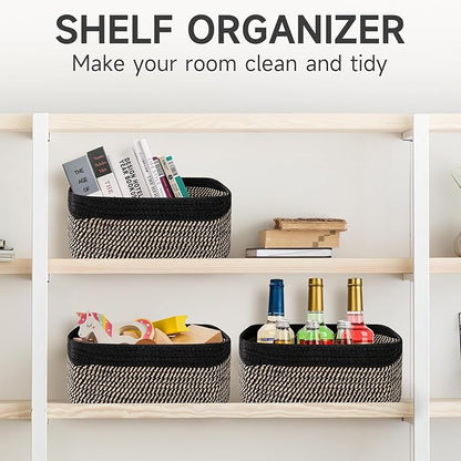 3-Pack Storage Baskets for Organizing | Woven Shelf Toy Basket | Rope Baskets for Gifts Empty | Closet Organizer Bins with Handles | Cube Decorative Box | 13.7×7.1×6.7” | Black Brown